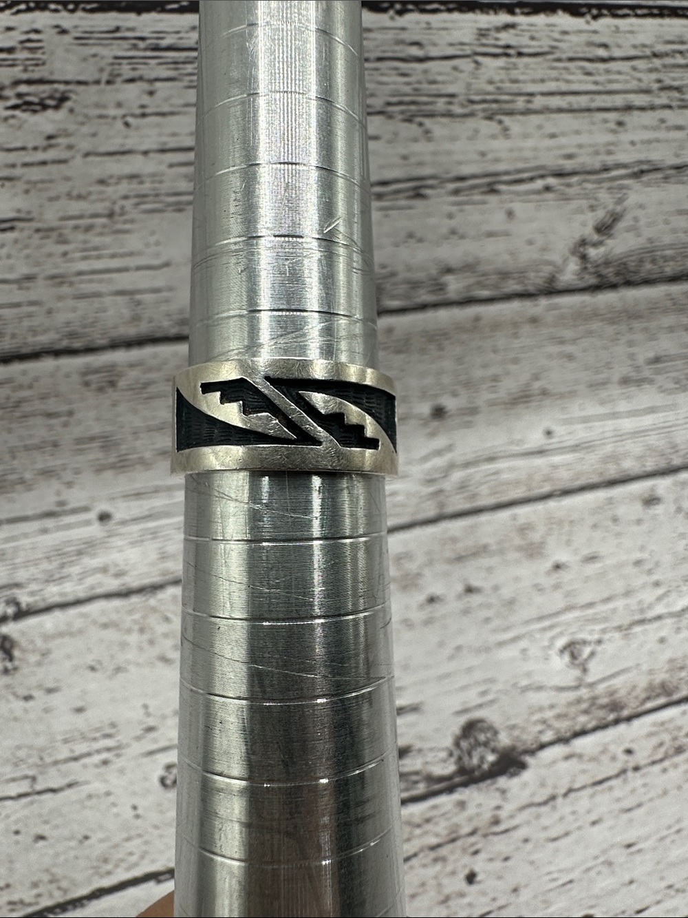 Hopi Silver Band Ring with Black Geometric Inlay